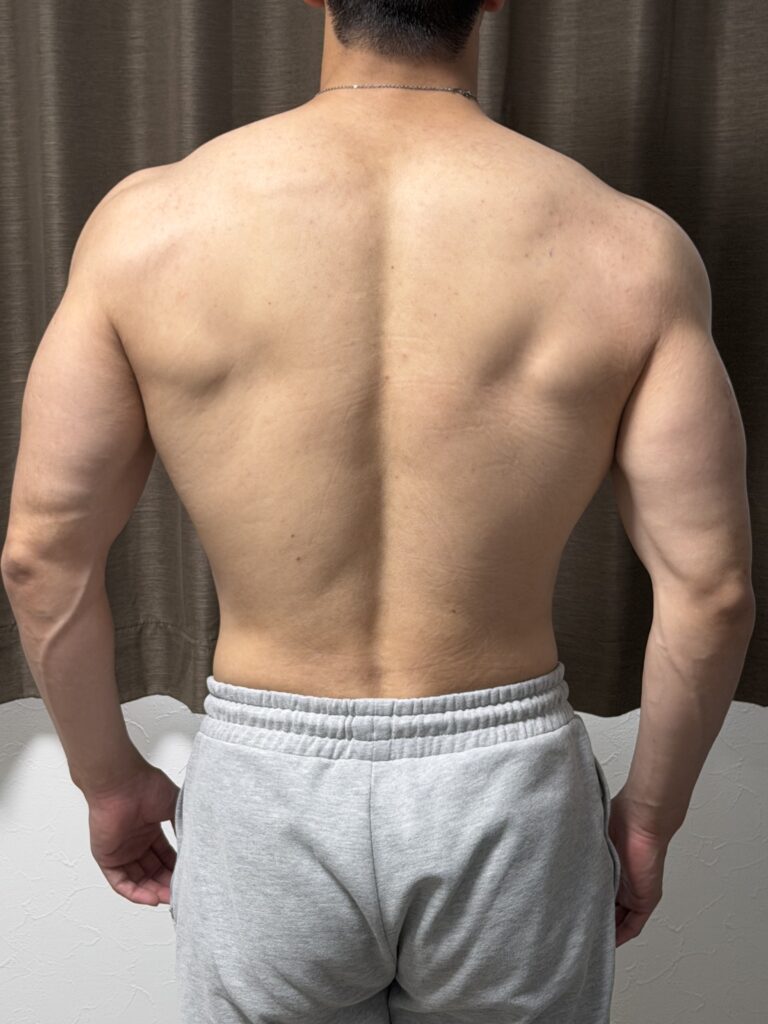 減量20週目の背面写真。広背筋のラインや肩まわりの立体感が目立ち始め、背中全体のシルエットが引き締まってきた様子。