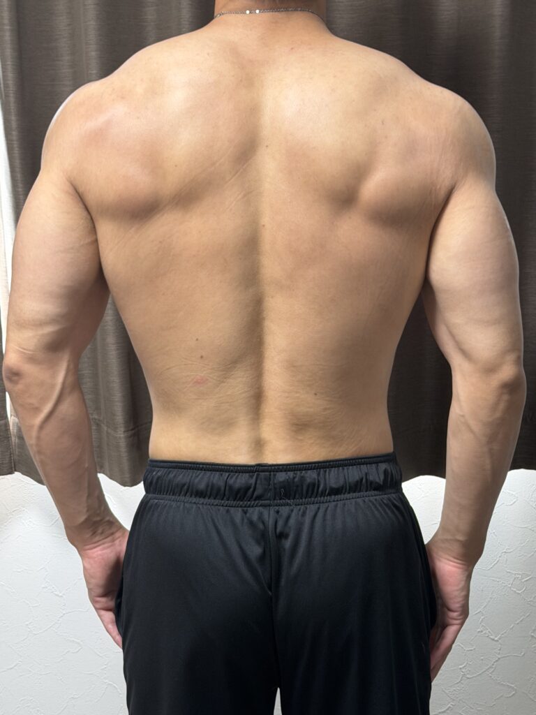 減量22週目の背面写真。広背筋のラインや肩周りの立体感が目立ち始め、背中全体が引き締まってきた様子。