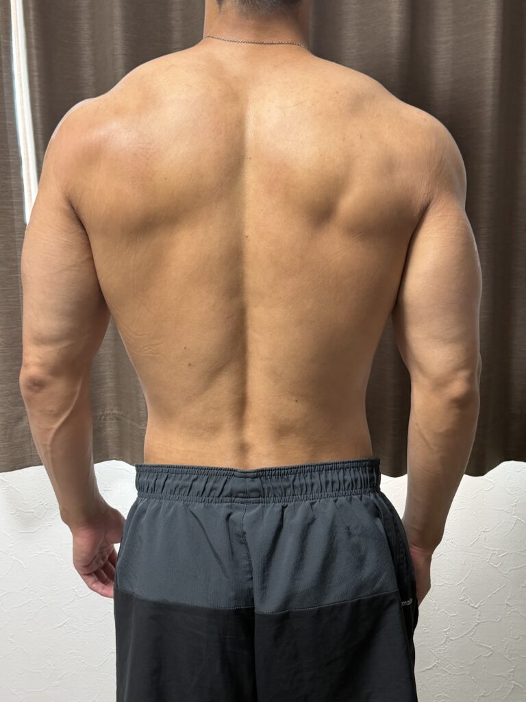 減量24週目の背面写真。広背筋のラインや肩周りの立体感が目立ち、背中全体が引き締まってきた様子。